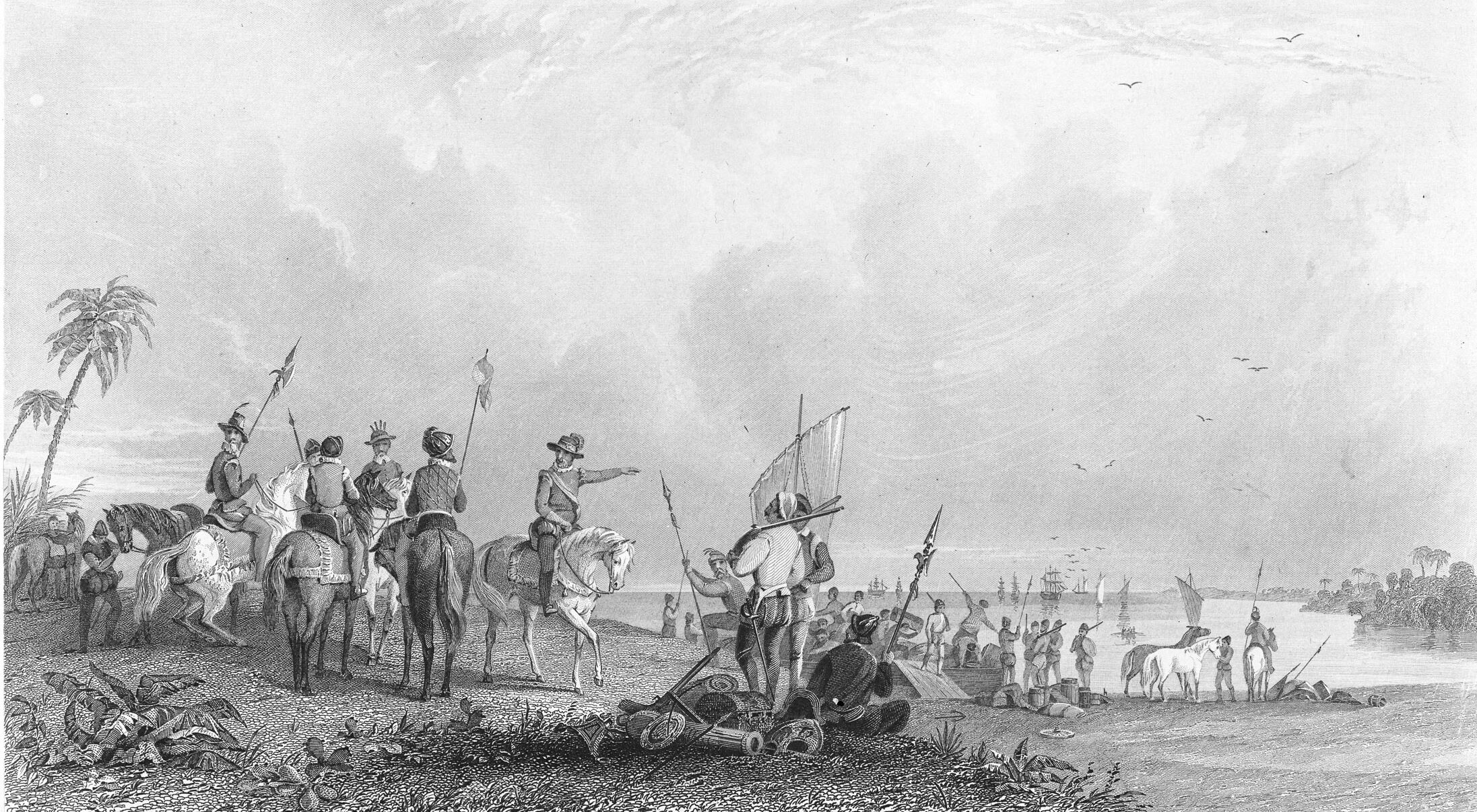 Print shows Hernando De Soto and other soldiers at Tampa Bay.