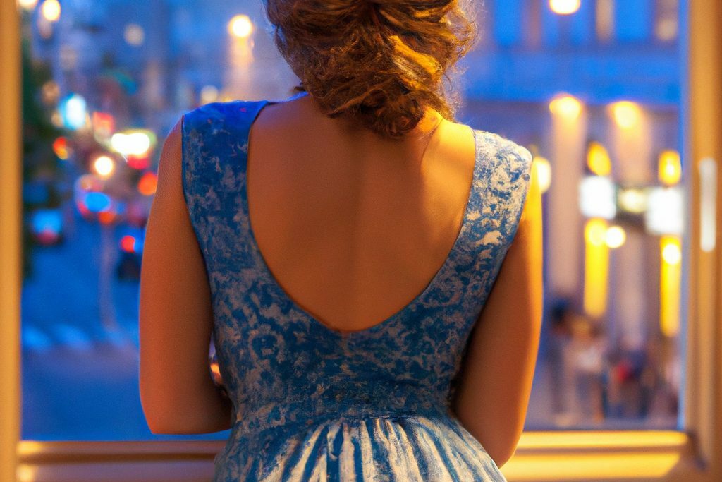 Junge Frau, am Fenster stehend, Abendlicht, blaues Kleid